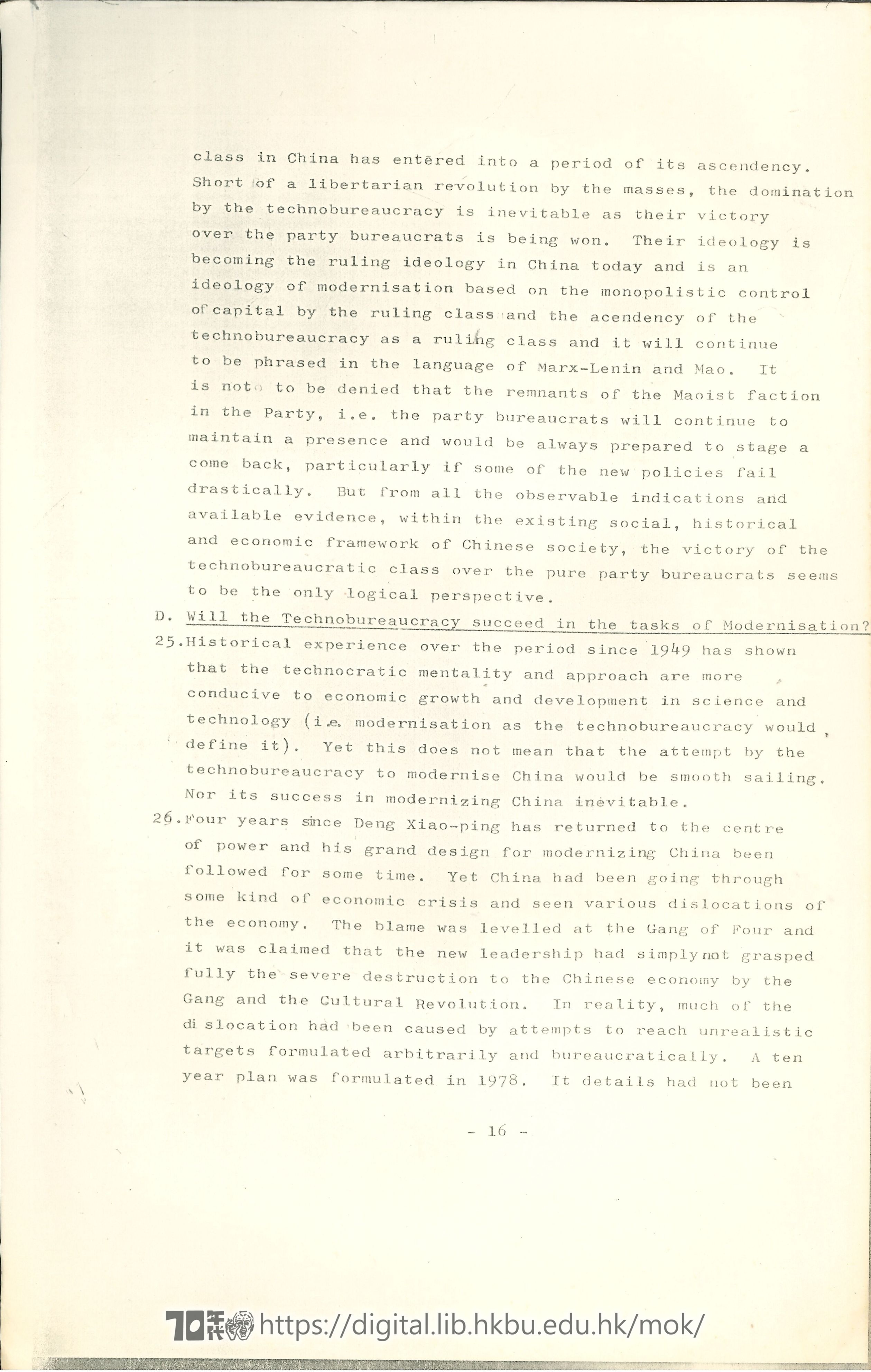   The rise of the technobureacracy & the four modernisations; Deng Xiao-ping and the four modernisations LEE, Yu See 