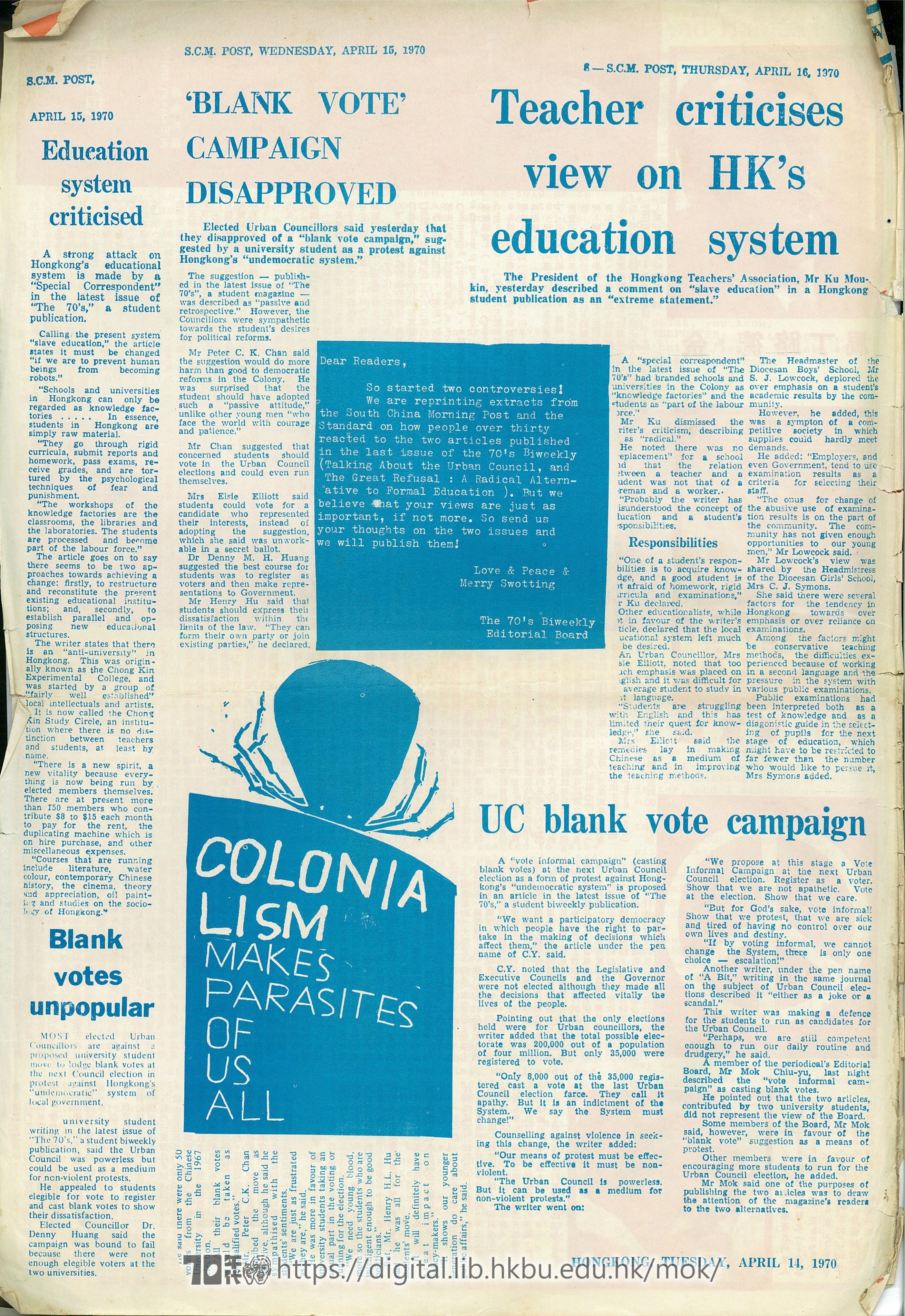  7 Education system criticised S.C.M. POST APRIL,15,1970 