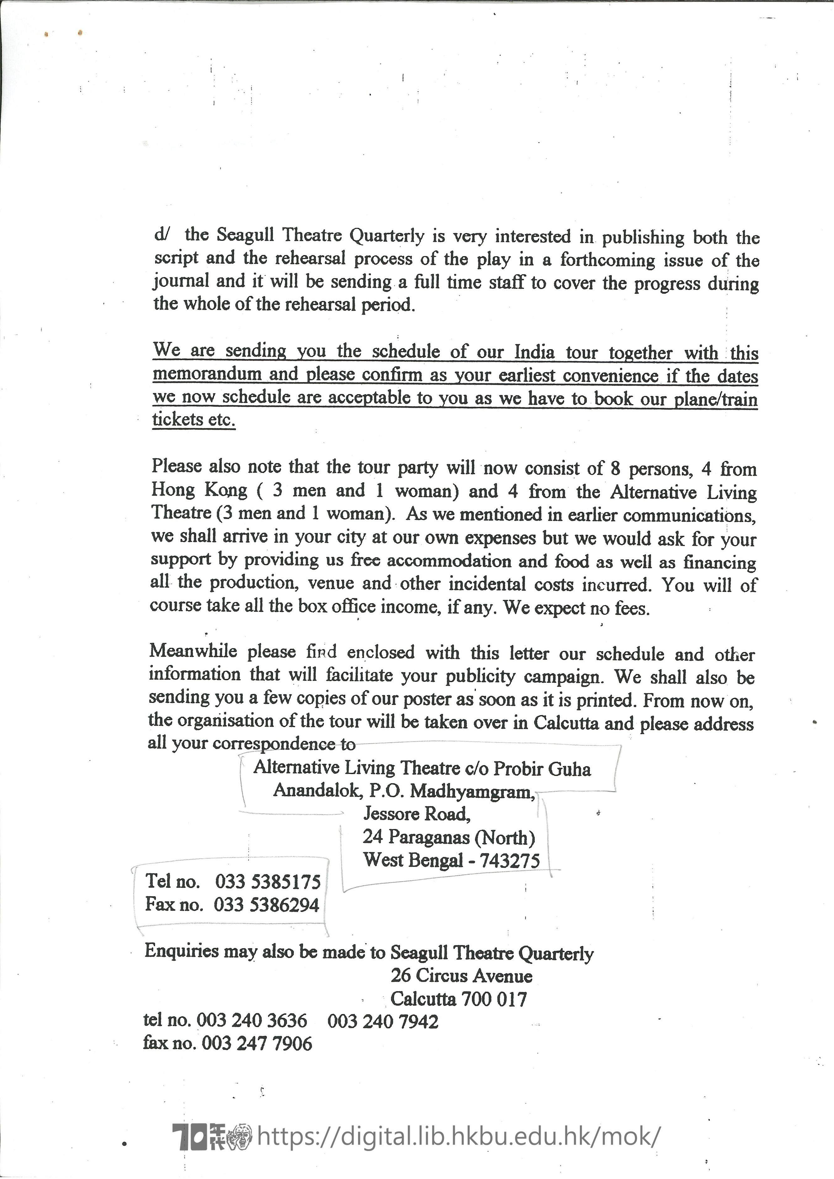 Yours Most Obediently  Letter from Mok Chiu Yu to presenters: Re: Confirmation of performance dates of Indian-Hong Kong collaboration MOK, Chiu Yu 