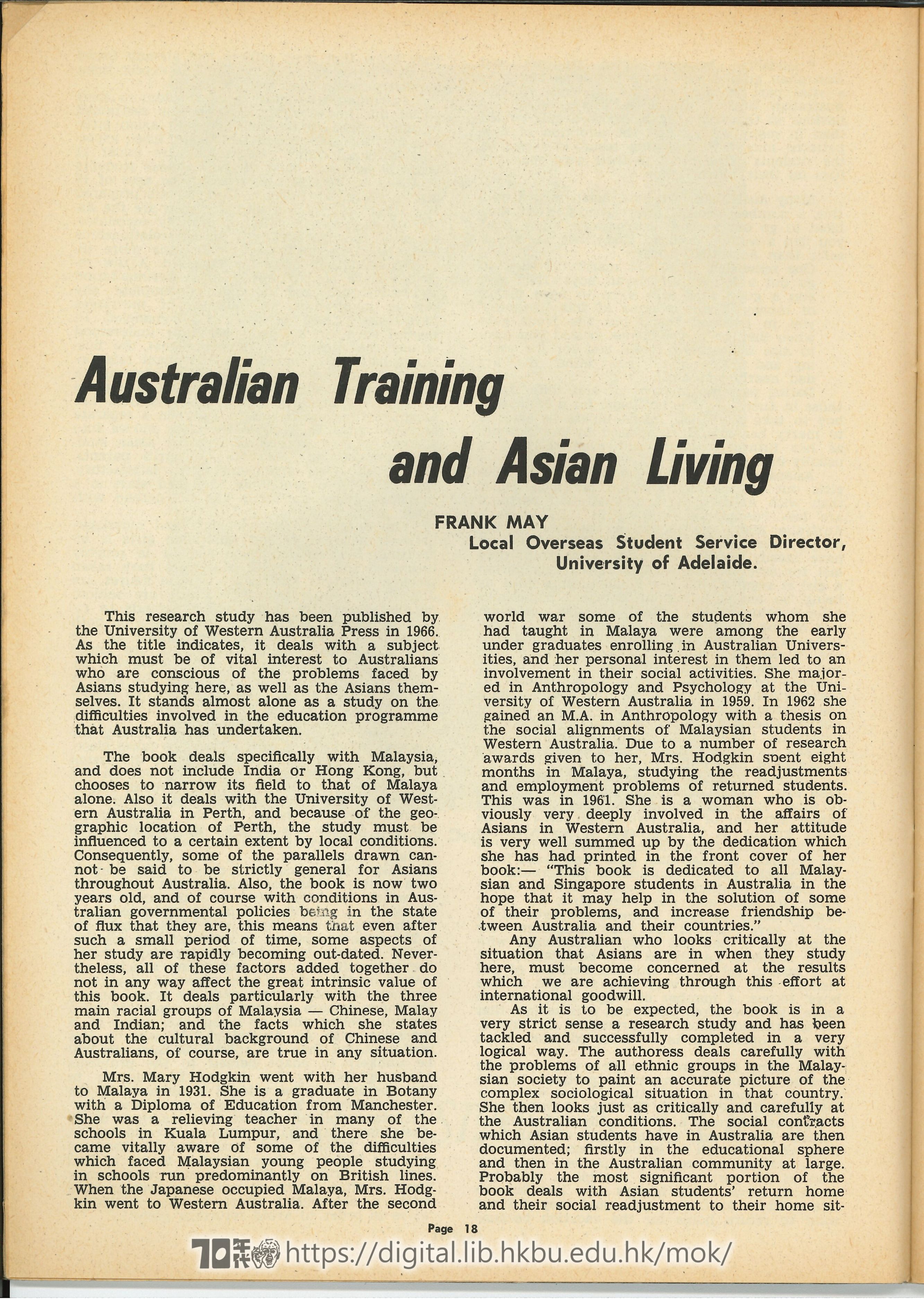  1 Australian Training and Asian Living MAY, Frank 