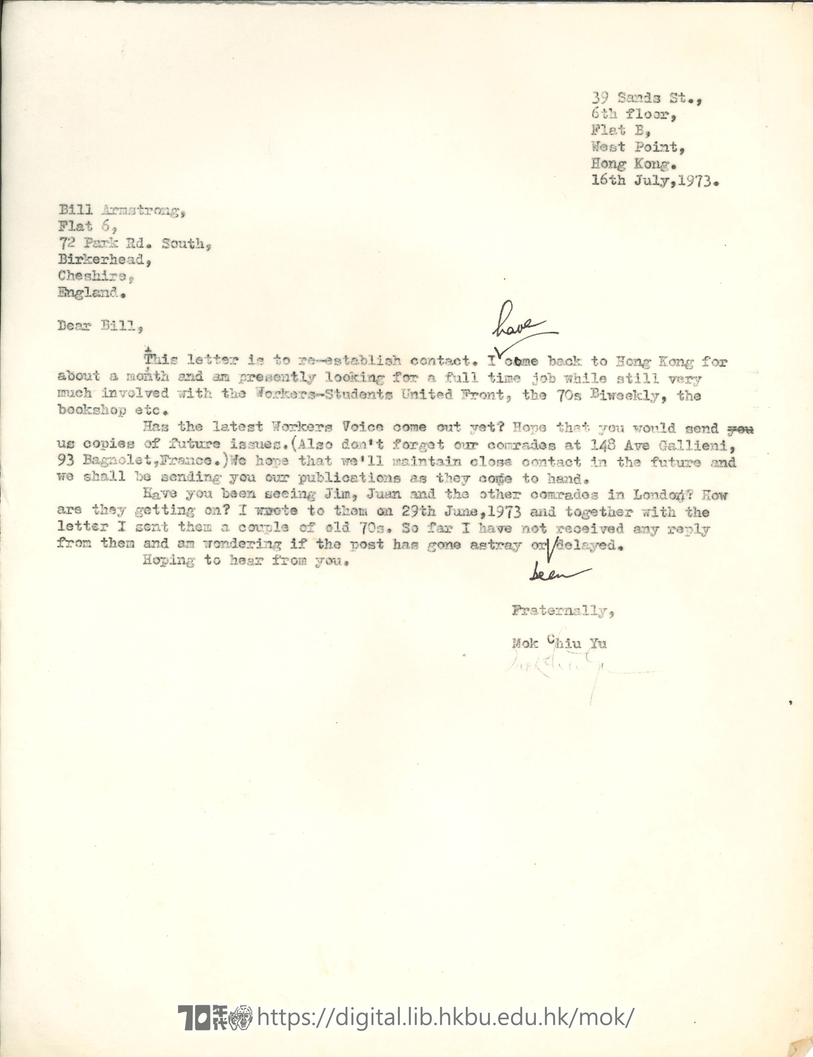   Letter from Mok Chiu Yu to Bill Armstrong MOK, Chiu Yu 