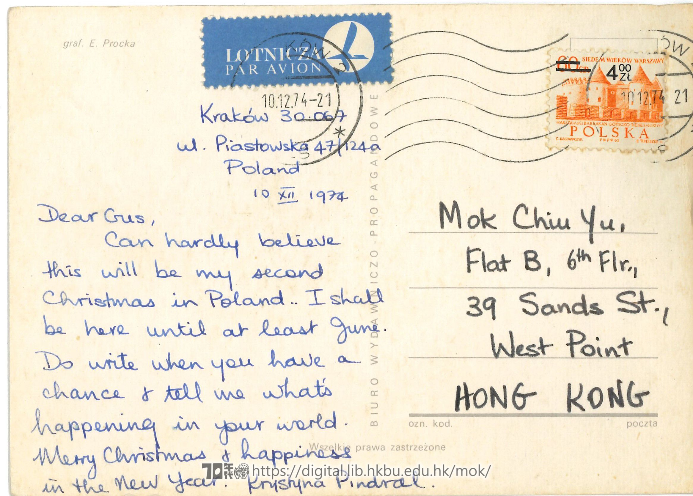   Postcard from Krystina Pindral to Mok Chiu Yu Krokow 