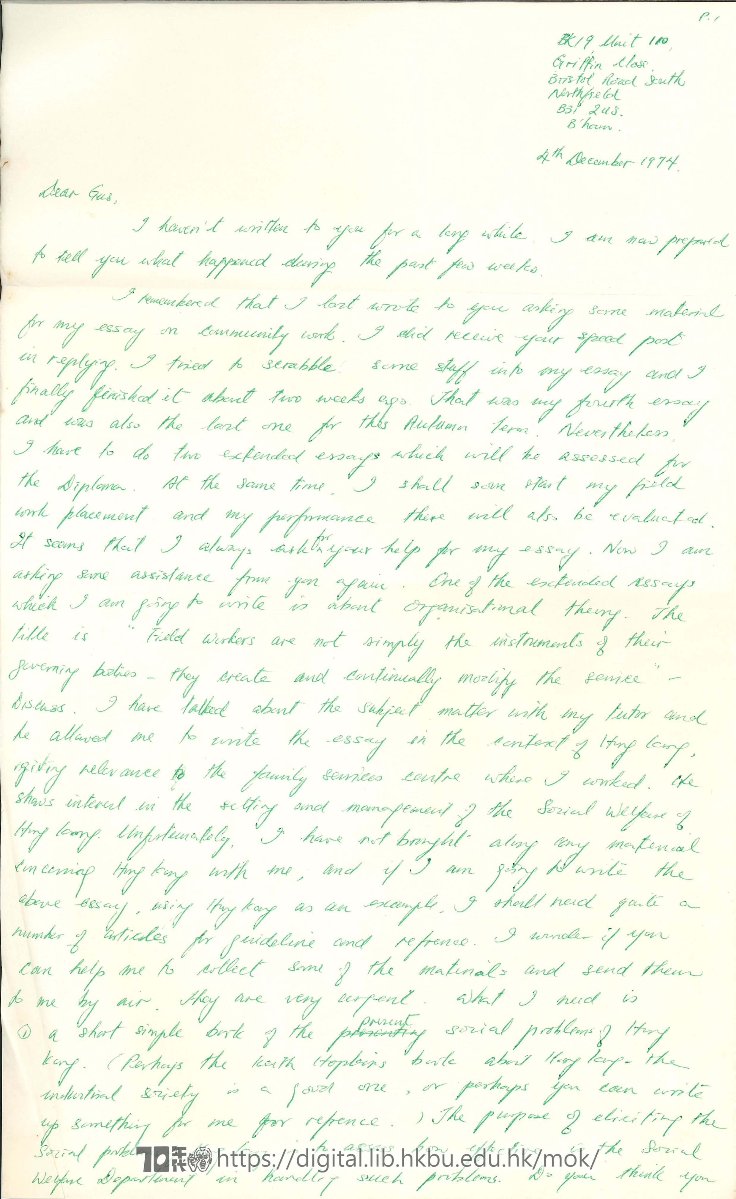   Letter from Pearl to Mok Chiu Yu Pearl 