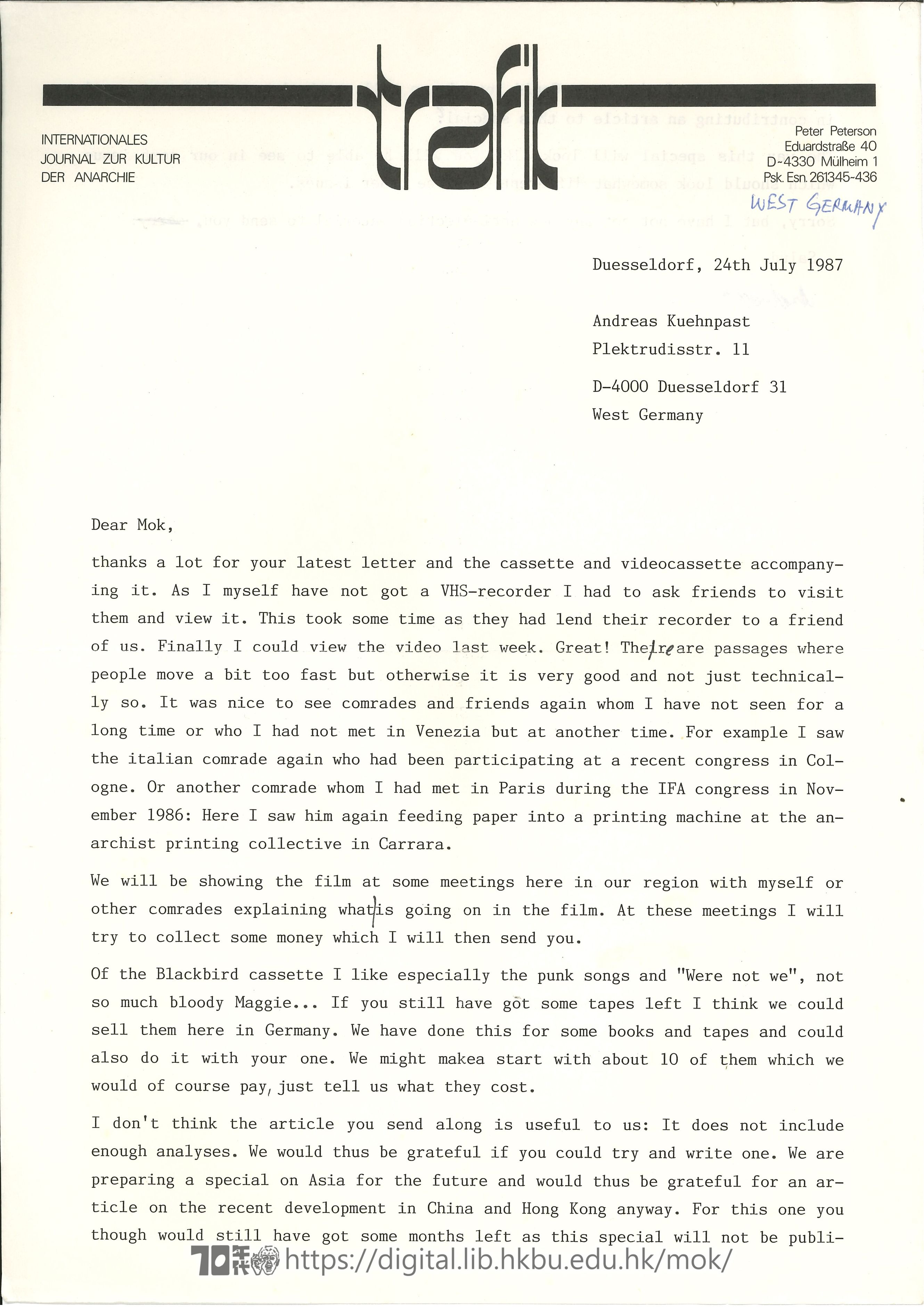   Letter from Andreas Kuehnpast to Mok Chiu Yu and Quo KUEHNPAST, Andreas 